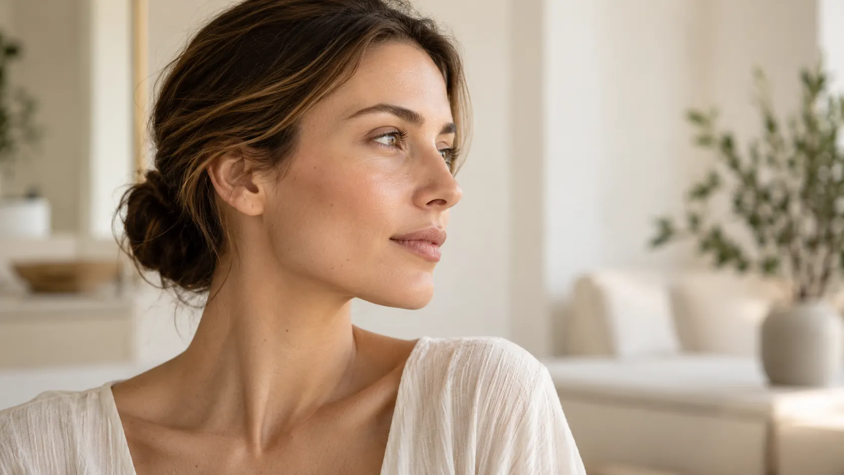 Perfil de mujer con rasgos naturales y línea mandibular definida