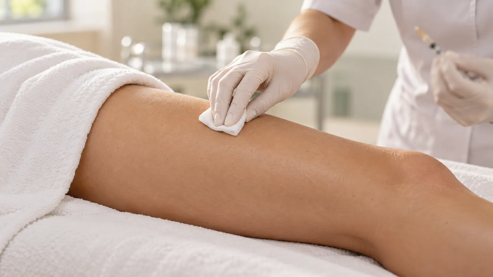 Preparación del muslo para un tratamiento de mesoterapia corporal