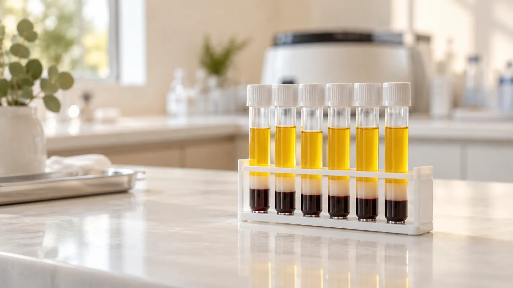 Tubos con plasma rico en plaquetas ya separado, sobre la encimera de la clínica